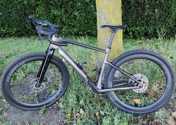 Een Giant Revolt X Advanced gravelfiets met een GreenGrav FLN-50 carbon wielset in de natuur.